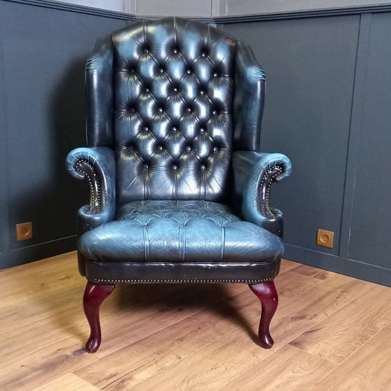 Image 1 of Blue Leather Chesterfield Barrelback Armchair