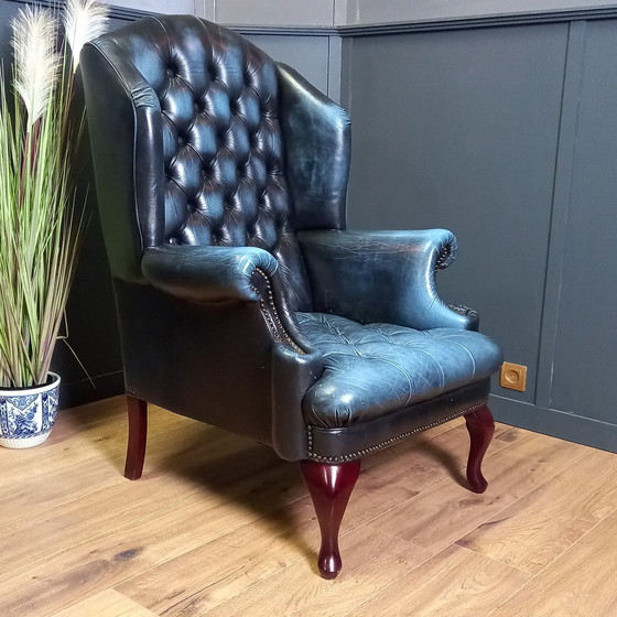 Image 1 of Blue Leather Chesterfield Barrelback Armchair