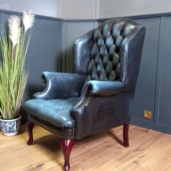 Image 1 of Blue Leather Chesterfield Barrelback Armchair