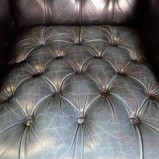 Image 1 of Blue Leather Chesterfield Barrelback Armchair