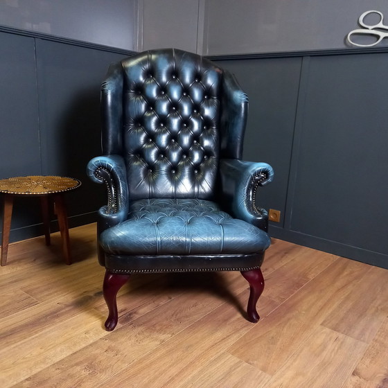 Image 1 of Blue Leather Chesterfield Barrelback Armchair