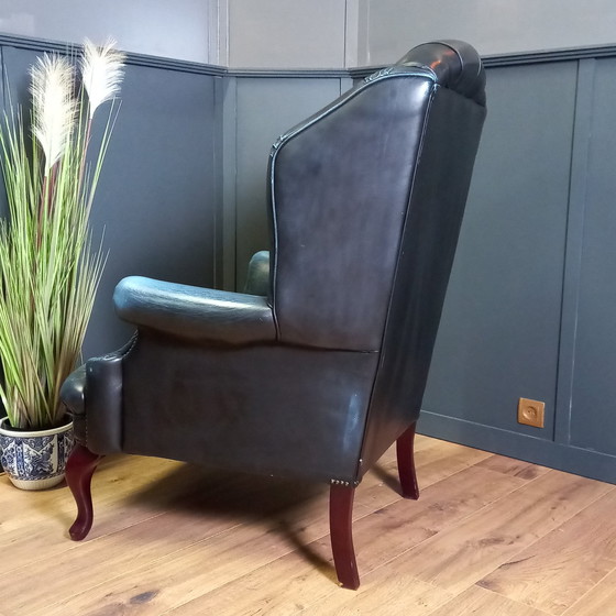 Image 1 of Blue Leather Chesterfield Barrelback Armchair