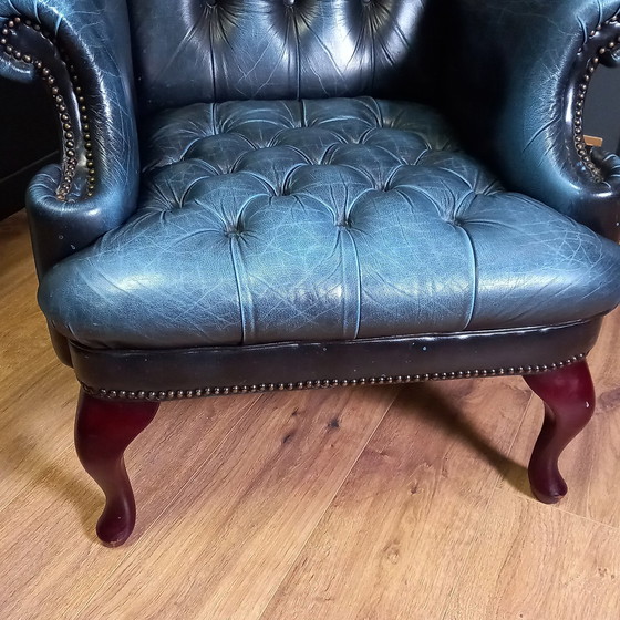 Image 1 of Blue Leather Chesterfield Barrelback Armchair