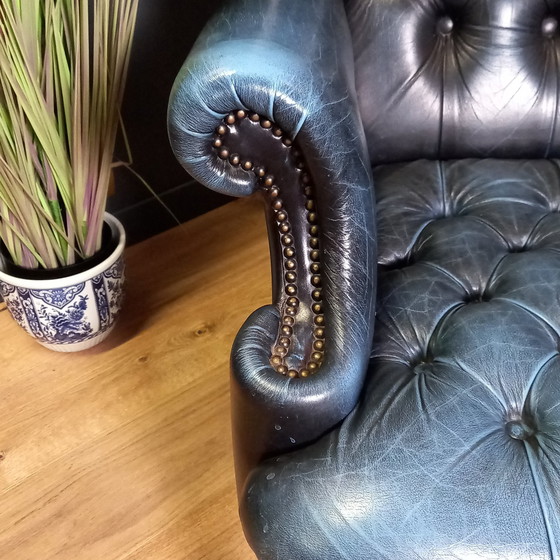 Image 1 of Blue Leather Chesterfield Barrelback Armchair