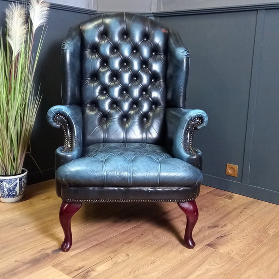 Image 1 of Blue Leather Chesterfield Barrelback Armchair