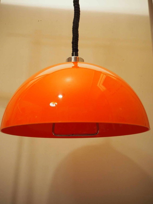 Space Age Orange Hanging Lamp, Mushroom Model, Brevettato Patented, Made In Italy, 1970S