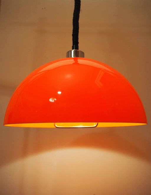 Space Age Orange Hanging Lamp, Mushroom Model, Brevettato Patented, Made In Italy, 1970S