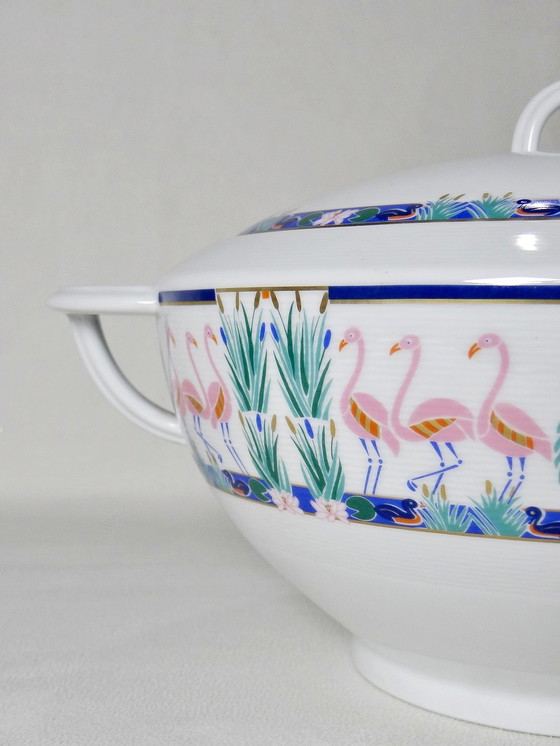 Image 1 of Soup tureen Bernardaud Flamants Roses 80s Art Deco rare