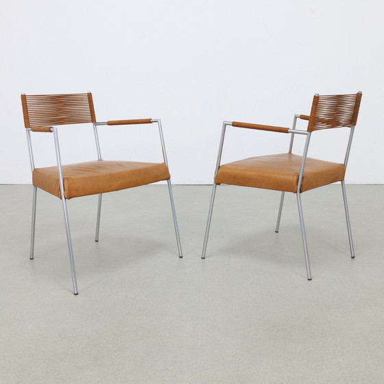 Image 1 of 2x Arm Chair in Leather and Stainless steel by Gerard van den Berg, 1990s