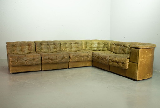 De Sede Ds11 Olive Green Patched Leather Modular Sofa, 6 Elements. Switzerland, 1970S.