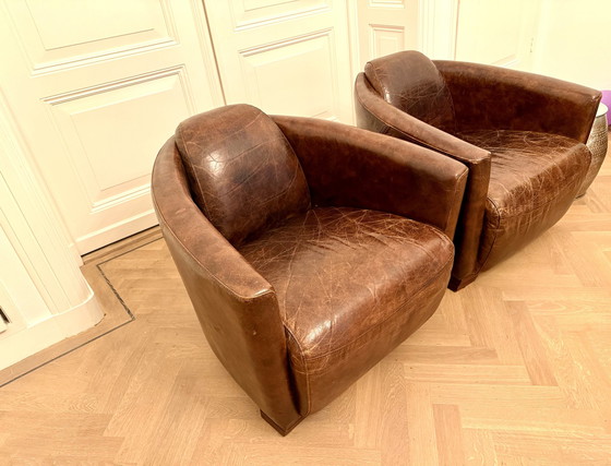 Image 1 of 2 Stunning Antique Leather Aviator Armchairs