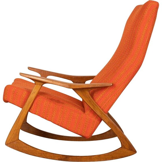 Vintage rocking chair in teak wood and seat covered in orange fabric 1960s 1 320 Whoppah