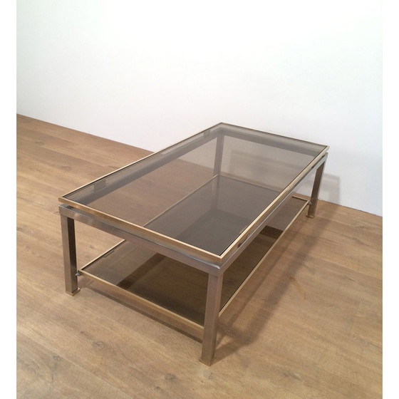 Image 1 of Tavolino vintage con doppio piano in acciaio spazzolato e ottone di Guy Lefèvre per Maison Jansen 1970