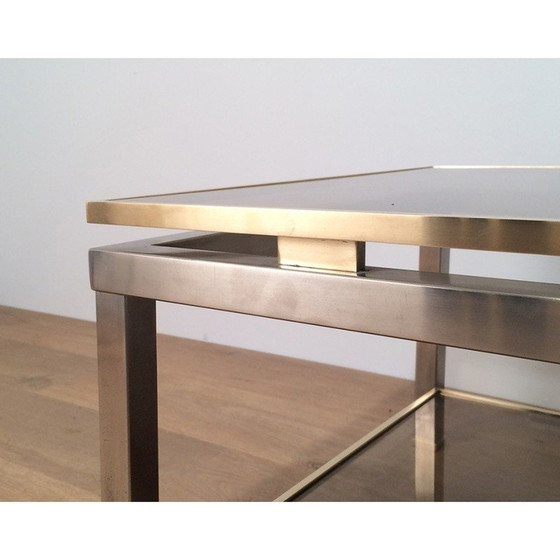 Image 1 of Tavolino vintage con doppio piano in acciaio spazzolato e ottone di Guy Lefèvre per Maison Jansen 1970