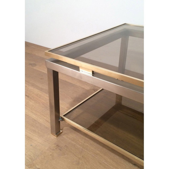 Image 1 of Tavolino vintage con doppio piano in acciaio spazzolato e ottone di Guy Lefèvre per Maison Jansen 1970