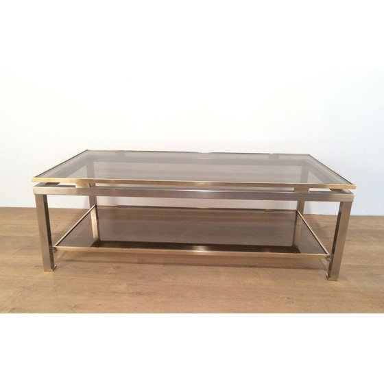 Image 1 of Tavolino vintage con doppio piano in acciaio spazzolato e ottone di Guy Lefèvre per Maison Jansen 1970