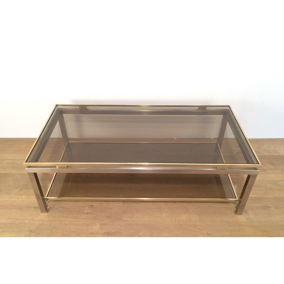 Image 1 of Tavolino vintage con doppio piano in acciaio spazzolato e ottone di Guy Lefèvre per Maison Jansen 1970