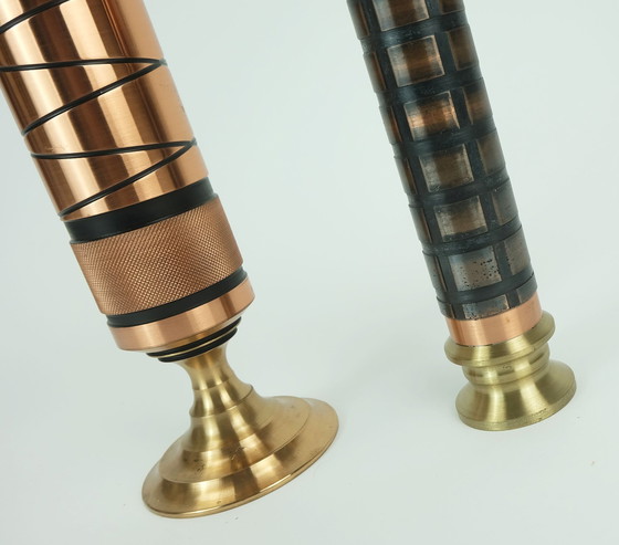 Image 1 of Set Of 2 Mid Century Modern Footed Copper Brass Vases Brutalist Minimalist Design 1960S Ikebana Vase