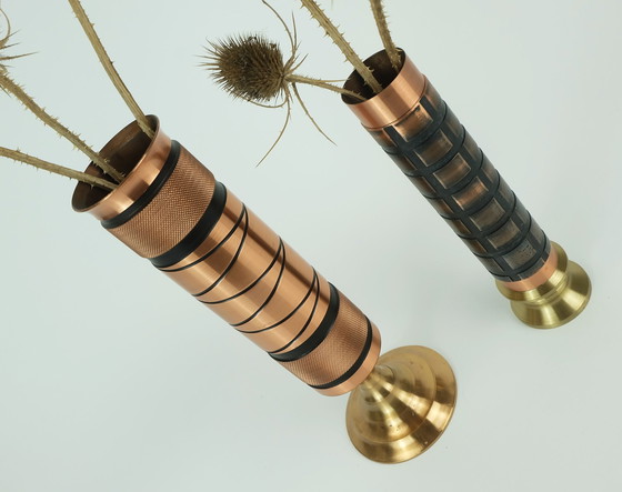 Image 1 of Set Of 2 Mid Century Modern Footed Copper Brass Vases Brutalist Minimalist Design 1960S Ikebana Vase