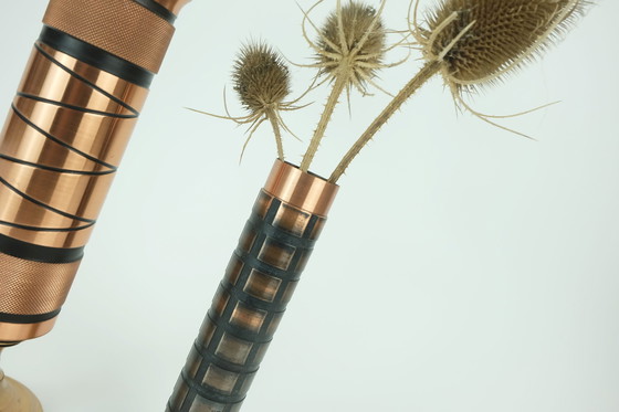 Image 1 of Set Of 2 Mid Century Modern Footed Copper Brass Vases Brutalist Minimalist Design 1960S Ikebana Vase