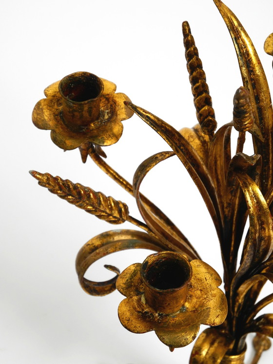 Image 1 of Beautiful Extremely Rare 1960S Gold-Plated Floral Candlestick With Wheat Ears By Hans Kögl