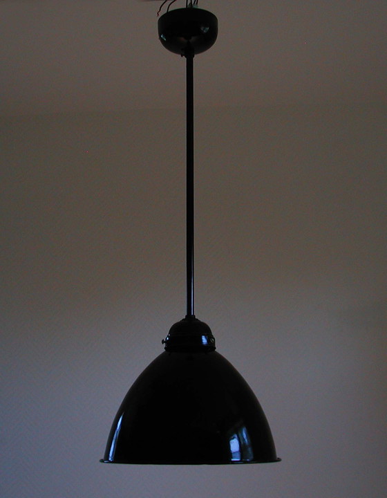 Image 1 of Vintage Midcentury Black German Industrial Enamel Ceiling Light Pendant