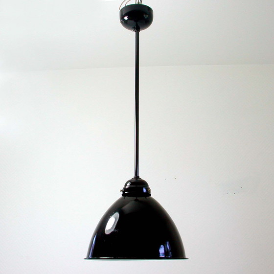 Image 1 of Vintage Midcentury Black German Industrial Enamel Ceiling Light Pendant