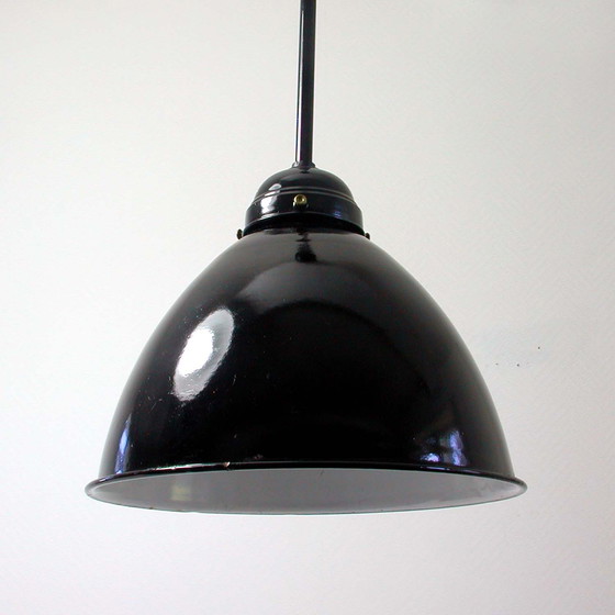 Image 1 of Vintage Midcentury Black German Industrial Enamel Ceiling Light Pendant