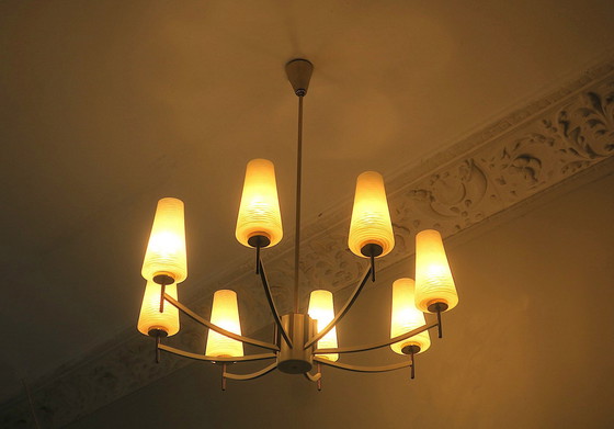 Image 1 of Italian Brass And Art Glass Chandelier, 1970S