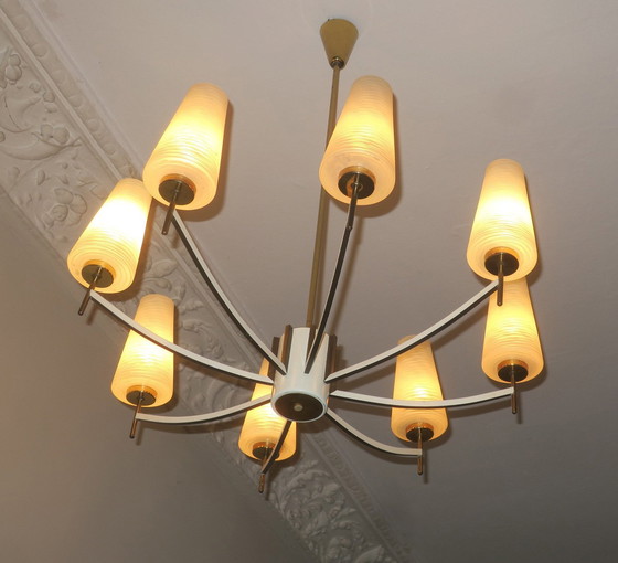 Image 1 of Italian Brass And Art Glass Chandelier, 1970S