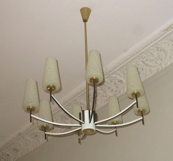 Image 1 of Italian Brass And Art Glass Chandelier, 1970S