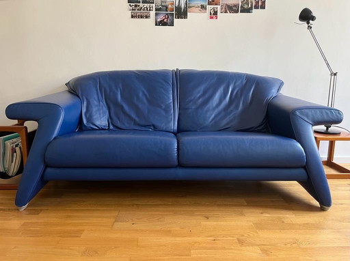 Rolf Benz Leder Couch Blue 3 seater Sofa Modern Seltenes Design Top Patina