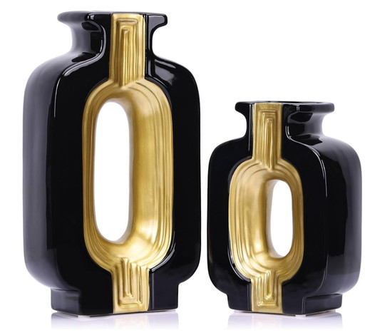 Art Deco Black And Gold Ceramic Vases