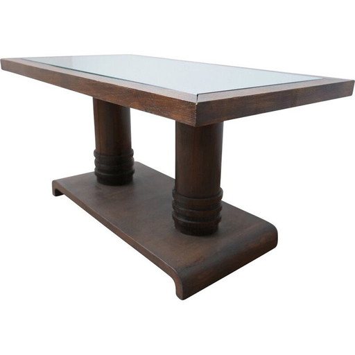 Vintage oak and mirror coffee table by Charles Dudouyt, France 1940