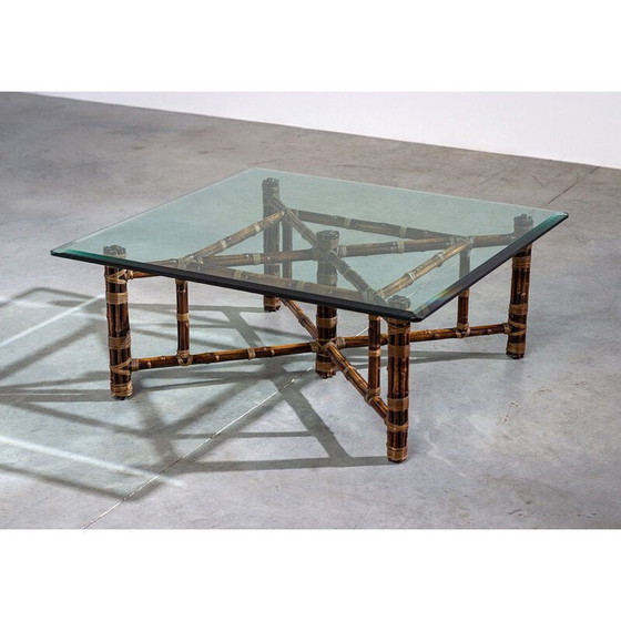Image 1 of Vintage square bamboo and glass coffee table by McGuire, 1970
