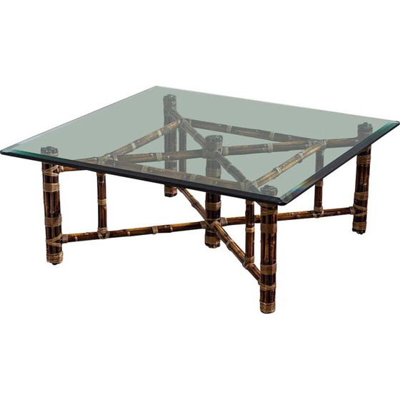 Image 1 of Vintage square bamboo and glass coffee table by McGuire, 1970