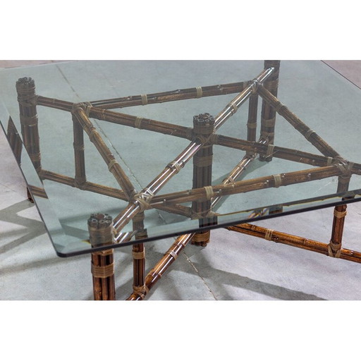 Vintage square bamboo and glass coffee table by McGuire, 1970