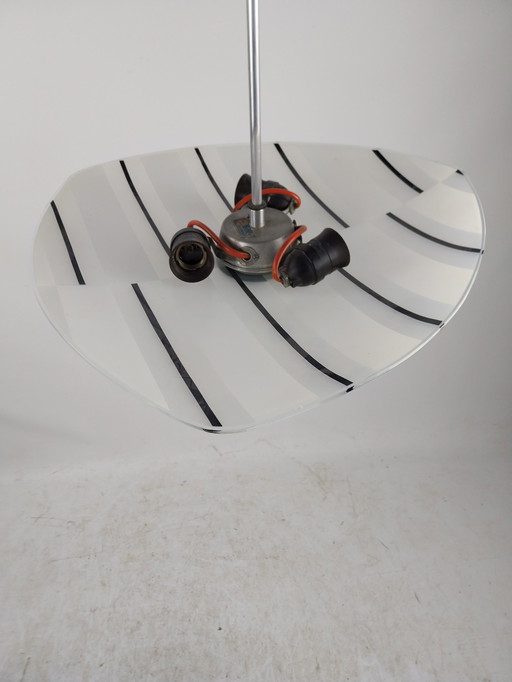  1 X Gray Black White Glass Ceiling Light 1960'S Czech 50 Cm Beautiful Graphic Drawing. 50 Cm Diameter 70 Cm High