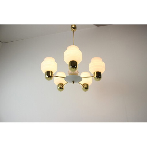 Vintage brass and glass chandelier, Czechoslovakia 1970