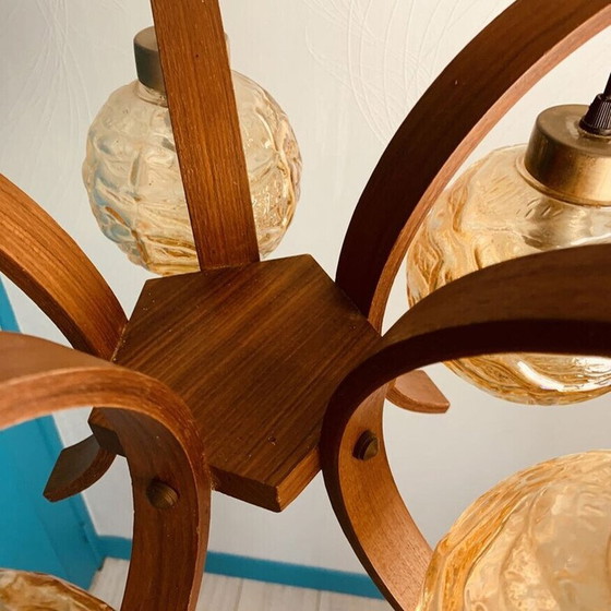 Image 1 of Lampadario vintage in teak e vetro iridescente