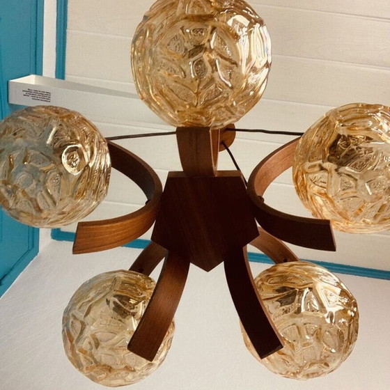 Image 1 of Lampadario vintage in teak e vetro iridescente