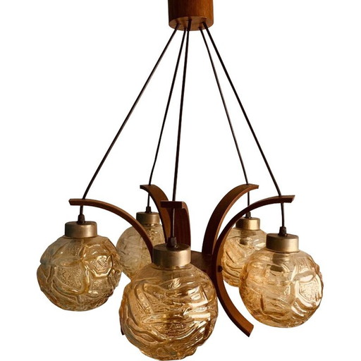 Vintage chandelier in teak and iridescent glass