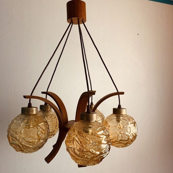 Image 1 of Lampadario vintage in teak e vetro iridescente