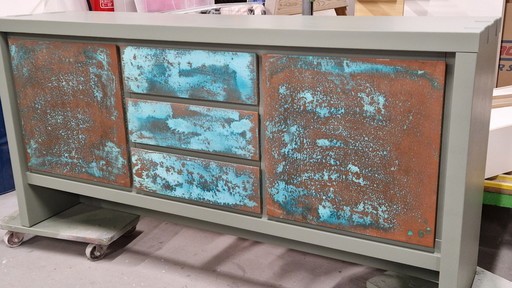 Matte Green With Oxidized Copper Oak Sideboard.