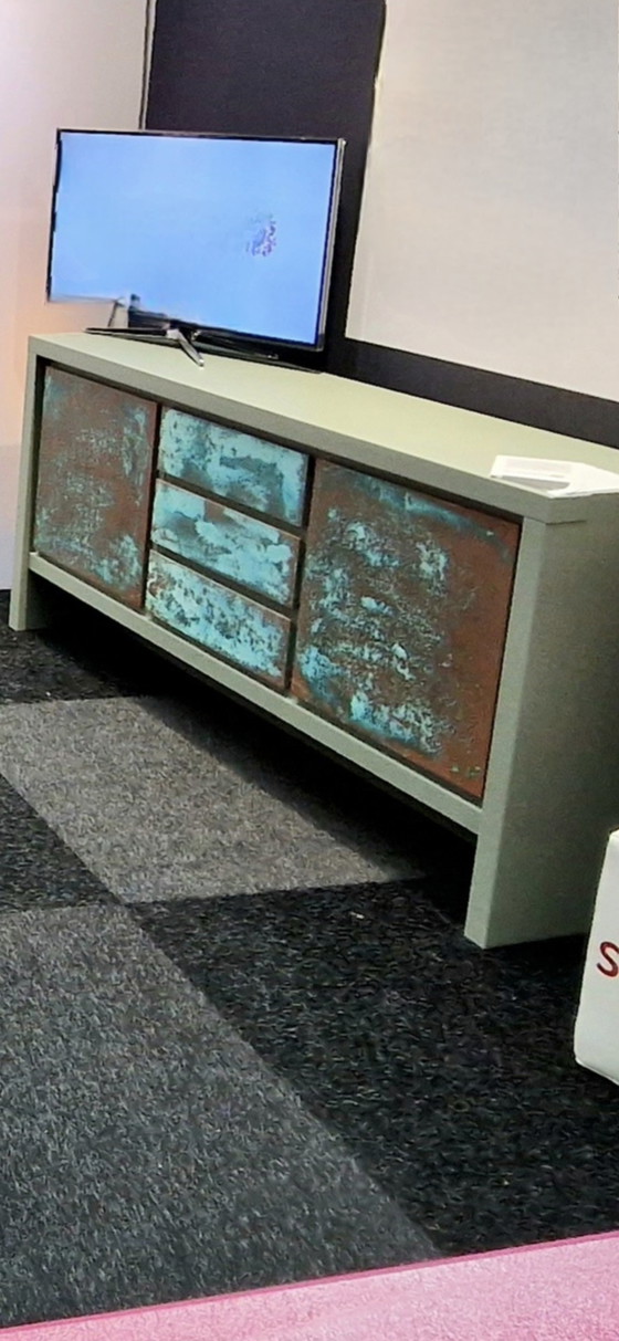 Image 1 of Matte Green With Oxidized Copper Oak Sideboard.