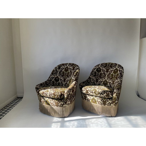 Pair of vintage armchairs in fabric and wood, Denmark 1970