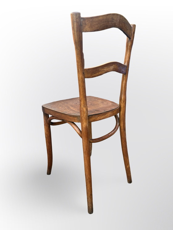 Image 1 of Belle chaise Art Nouveau (type chaise de bistrot) avec assise imprimée dans le style typique de l'Art Nouveau.