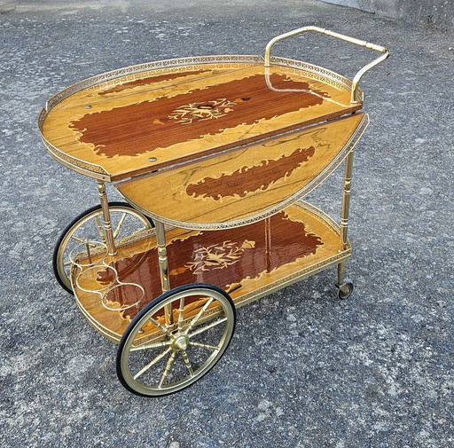 Italian Marquetry Drop Leaf Bar Cart - Vintage Italian Two-Tier Dessert Bar Trolley - Neoclassical Style 70s
