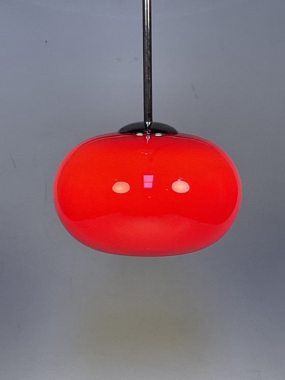 Image 1 of Red Glass Pendant Lamp With Chrome Fixture, 1980'S