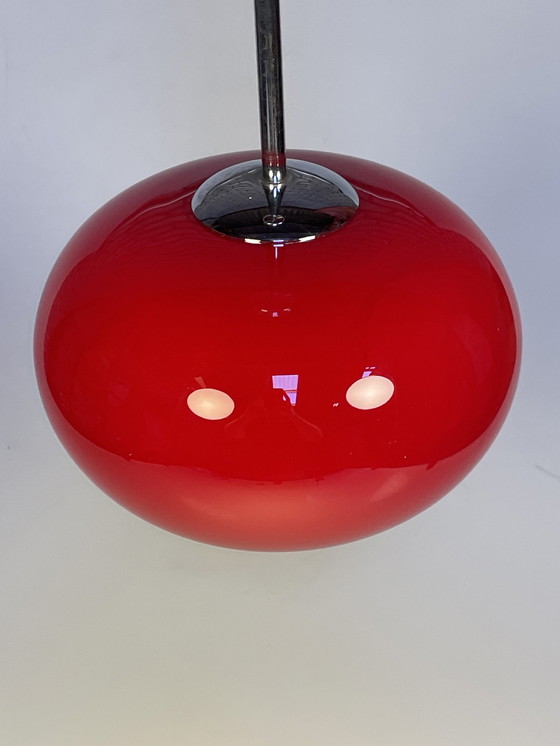 Image 1 of Red Glass Pendant Lamp With Chrome Fixture, 1980'S